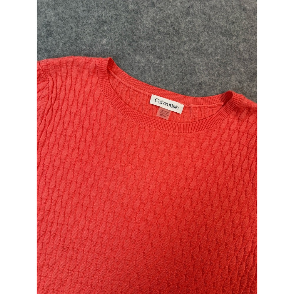 Calvin Klein Womens Coral Pink Textured Knit Short Sleeve Sweater Top Size S NEW